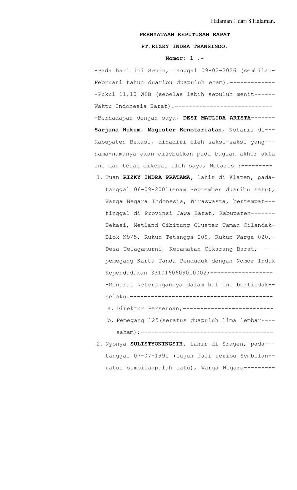Dokumen Akta Perubahan — PT Rizky Indra Transindo
