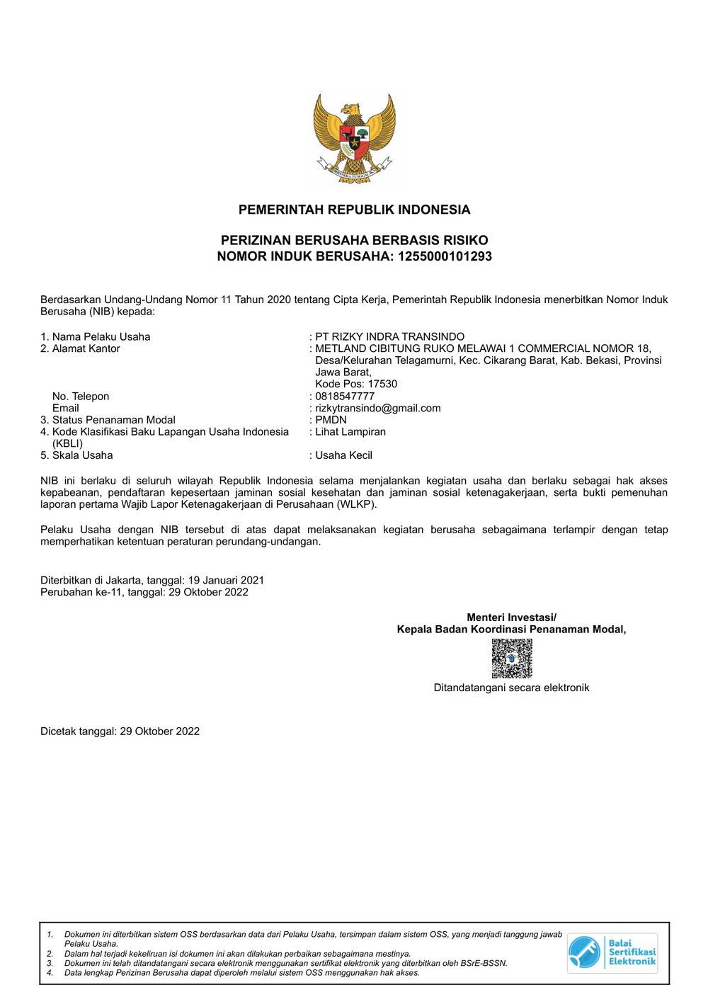 Dokumen NIB (Nomor Induk Berusaha) — PT Rizky Indra Transindo